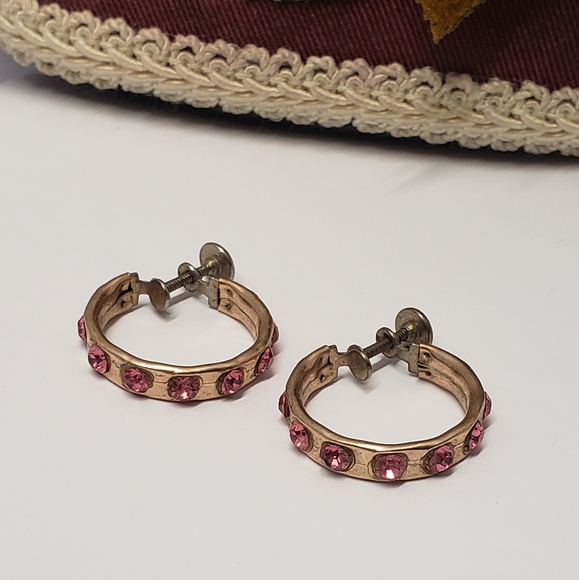 Vintage Gold Plated Pink Crystal Hoop Earrings Screw Back Earrings - Picture 5 of 7